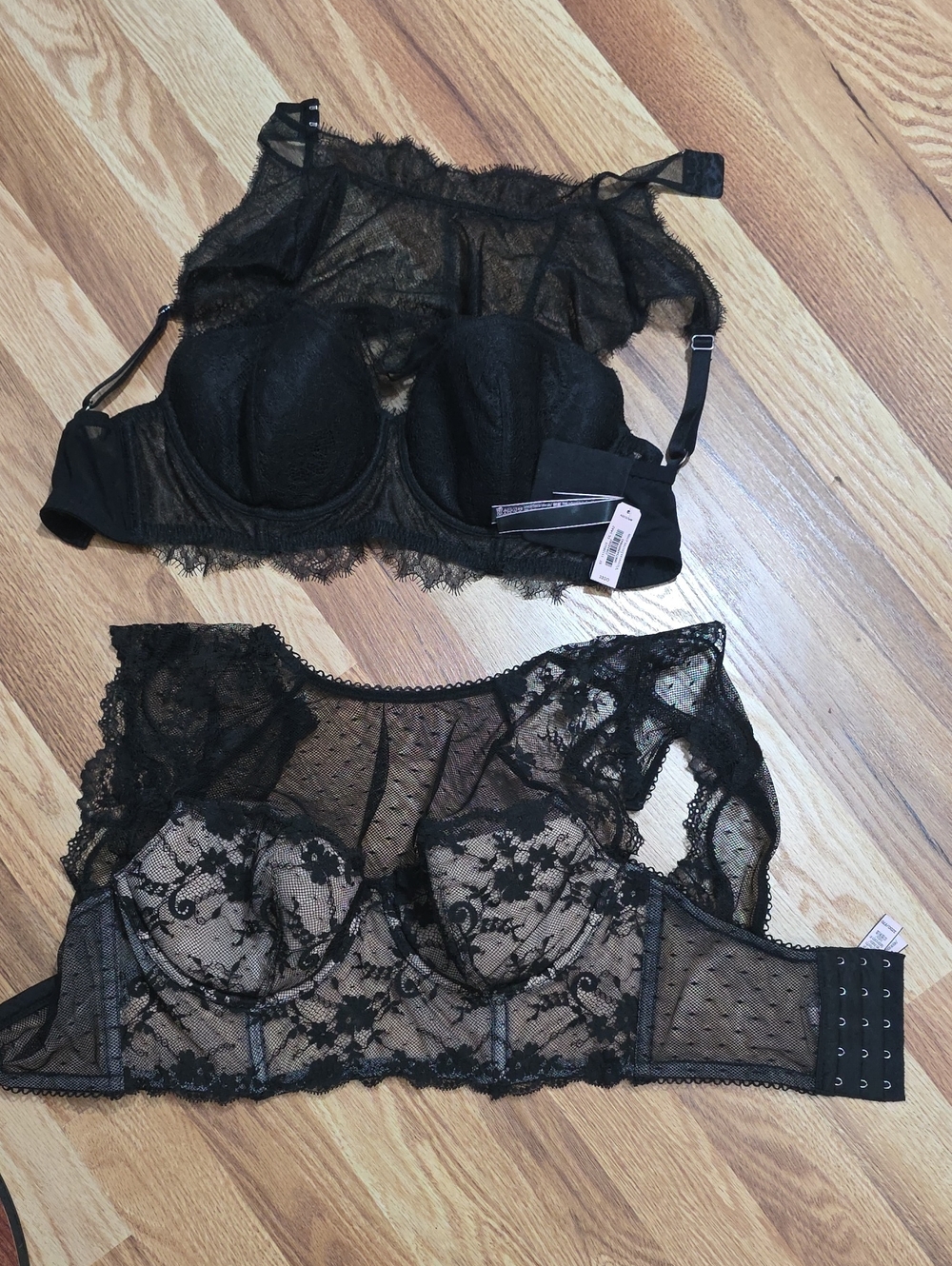 Victoria's Secret Black Lace Longline Bra Set 32DD New